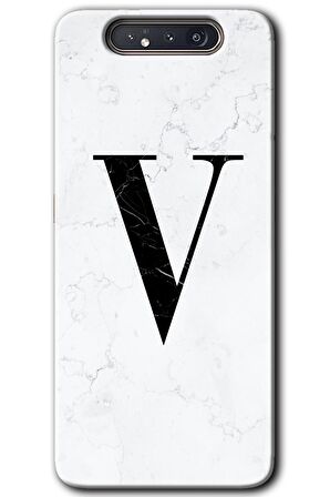Galaxy A80 Kılıf HD Desen Baskılı Arka Kapak - Beyaz Mermer Desenli V Harfi 
