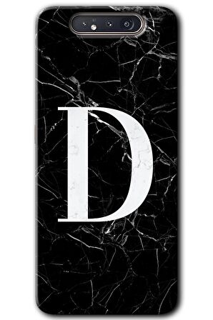 Galaxy A80 Kılıf HD Desen Baskılı Arka Kapak - Siyah Mermer Desenli D Harfi 