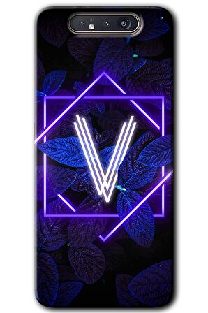 Galaxy A80 Kılıf HD Desen Baskılı Arka Kapak - Dark Neon Yaprak V Harfi 