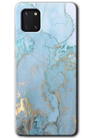 Galaxy A81 Kılıf HD Desen Baskılı Arka Kapak - Mavi Gold Mermer 