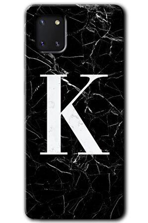 Galaxy A81 Kılıf HD Desen Baskılı Arka Kapak - Siyah Mermer Desenli K Harfi 