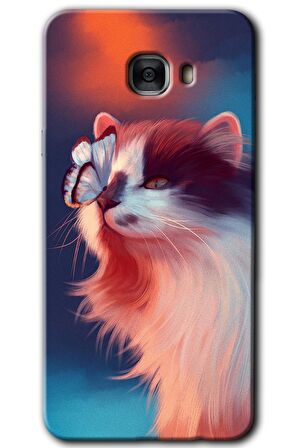 Galaxy C7 Kılıf HD Desen Baskılı Arka Kapak - Cat Butterfly 