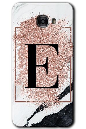 Galaxy C7 Kılıf HD Desen Baskılı Arka Kapak - Pembe Mermer Desenli E Harfi 