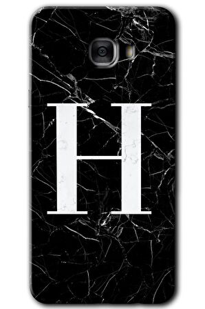 Galaxy C7 Kılıf HD Desen Baskılı Arka Kapak - Siyah Mermer Desenli H Harfi 