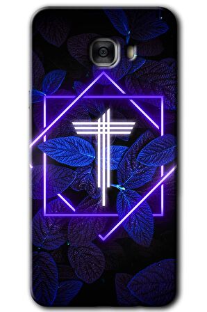 Galaxy C7 Kılıf HD Desen Baskılı Arka Kapak - Dark Neon Yaprak T Harfi 