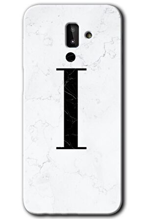 Galaxy J8 Kılıf HD Desen Baskılı Arka Kapak - Beyaz Mermer Desenli İ Harfi 