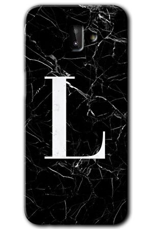 Galaxy J8 Kılıf HD Desen Baskılı Arka Kapak - Siyah Mermer Desenli L Harfi 
