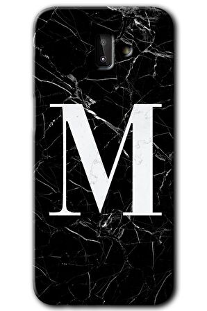 Galaxy J8 Kılıf HD Desen Baskılı Arka Kapak - Siyah Mermer Desenli M Harfi 
