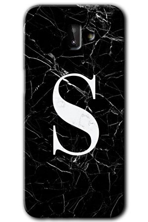 Galaxy J8 Kılıf HD Desen Baskılı Arka Kapak - Siyah Mermer Desenli S Harfi 