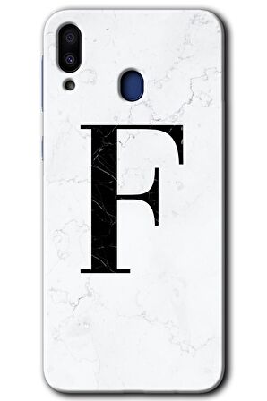 Galaxy M10 Kılıf HD Desen Baskılı Arka Kapak - Beyaz Mermer Desenli F Harfi 
