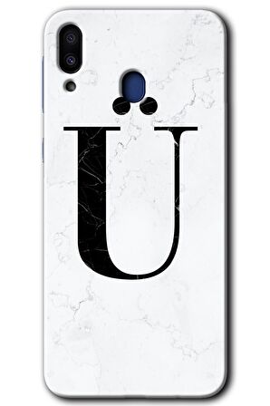 Galaxy M10 Kılıf HD Desen Baskılı Arka Kapak - Beyaz Mermer Desenli Ü Harfi 