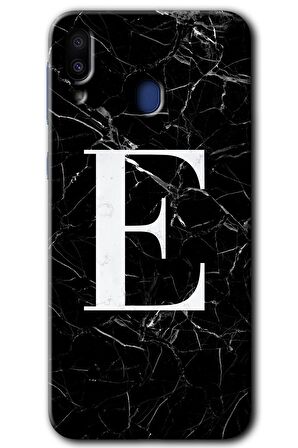 Galaxy M10 Kılıf HD Desen Baskılı Arka Kapak - Siyah Mermer Desenli E Harfi 