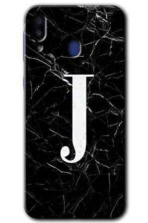 Galaxy M10 Kılıf HD Desen Baskılı Arka Kapak - Siyah Mermer Desenli J Harfi 