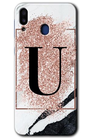Galaxy M10s Kılıf HD Desen Baskılı Arka Kapak - Pembe Mermer Desenli U Harfi 