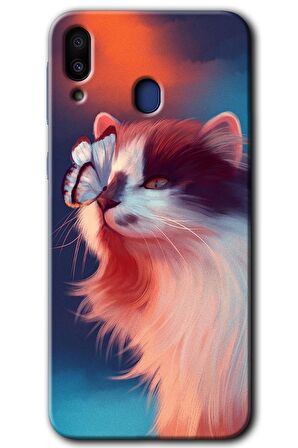 Galaxy M20 Kılıf HD Desen Baskılı Arka Kapak - Cat Butterfly 