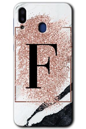 Galaxy M20 Kılıf HD Desen Baskılı Arka Kapak - Pembe Mermer Desenli F Harfi 