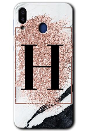 Galaxy M20 Kılıf HD Desen Baskılı Arka Kapak - Pembe Mermer Desenli H Harfi 