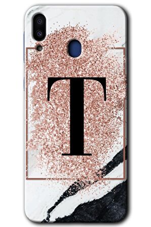 Galaxy M20 Kılıf HD Desen Baskılı Arka Kapak - Pembe Mermer Desenli T Harfi 
