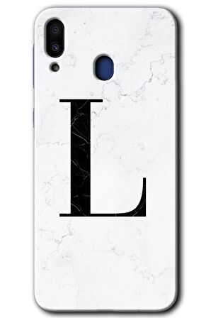 Galaxy M20 Kılıf HD Desen Baskılı Arka Kapak - Beyaz Mermer Desenli L Harfi 