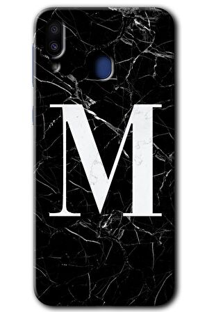 Galaxy M20 Kılıf HD Desen Baskılı Arka Kapak - Siyah Mermer Desenli M Harfi 