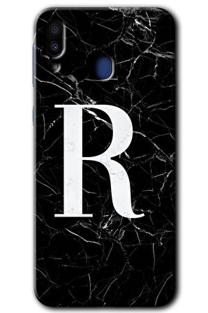 Galaxy M20 Kılıf HD Desen Baskılı Arka Kapak - Siyah Mermer Desenli R Harfi 