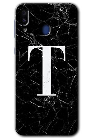 Galaxy M20 Kılıf HD Desen Baskılı Arka Kapak - Siyah Mermer Desenli T Harfi 