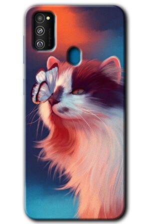 Galaxy M21 Kılıf HD Desen Baskılı Arka Kapak - Cat Butterfly 