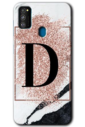 Galaxy M21 Kılıf HD Desen Baskılı Arka Kapak - Pembe Mermer Desenli D Harfi 