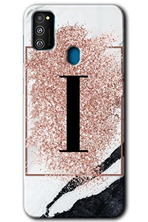 Galaxy M21 Kılıf HD Desen Baskılı Arka Kapak - Pembe Mermer Desenli I Harfi 