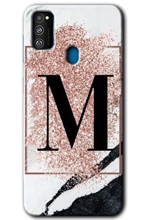 Galaxy M21 Kılıf HD Desen Baskılı Arka Kapak - Pembe Mermer Desenli M Harfi 
