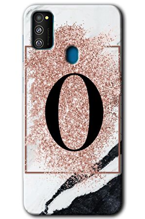 Galaxy M21 Kılıf HD Desen Baskılı Arka Kapak - Pembe Mermer Desenli O Harfi 