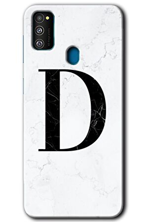 Galaxy M21 Kılıf HD Desen Baskılı Arka Kapak - Beyaz Mermer Desenli D Harfi 