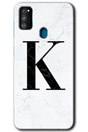 Galaxy M21 Kılıf HD Desen Baskılı Arka Kapak - Beyaz Mermer Desenli K Harfi 