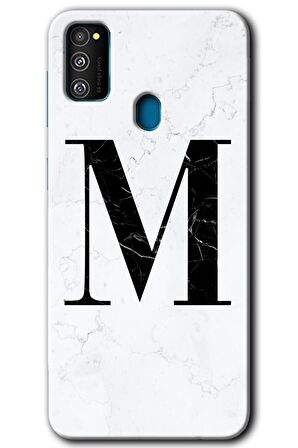 Galaxy M21 Kılıf HD Desen Baskılı Arka Kapak - Beyaz Mermer Desenli M Harfi 