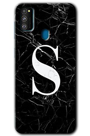 Galaxy M21 Kılıf HD Desen Baskılı Arka Kapak - Siyah Mermer Desenli S Harfi 