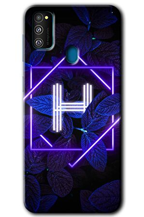 Galaxy M21 Kılıf HD Desen Baskılı Arka Kapak - Dark Neon Yaprak H Harfi 