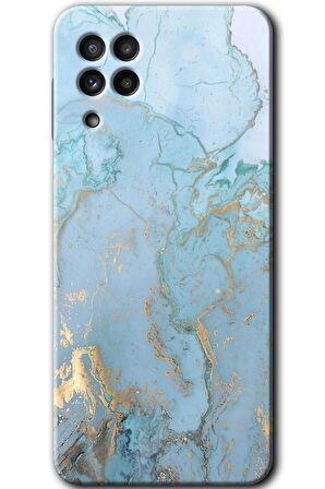 Galaxy M22 Kılıf HD Desen Baskılı Arka Kapak - Mavi Gold Mermer 