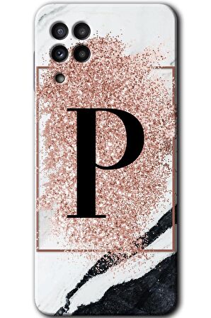 Galaxy M22 Kılıf HD Desen Baskılı Arka Kapak - Pembe Mermer Desenli P Harfi 