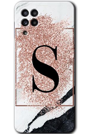 Galaxy M22 Kılıf HD Desen Baskılı Arka Kapak - Pembe Mermer Desenli S Harfi 