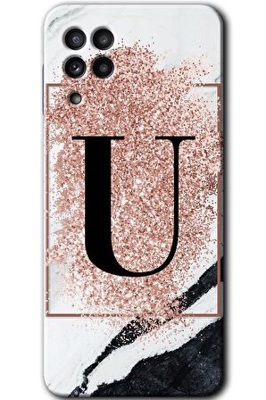 Galaxy M22 Kılıf HD Desen Baskılı Arka Kapak - Pembe Mermer Desenli U Harfi 