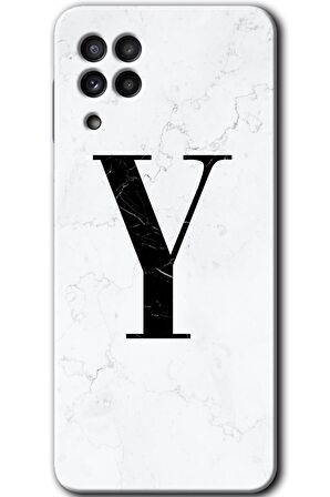 Galaxy M22 Kılıf HD Desen Baskılı Arka Kapak - Beyaz Mermer Desenli Y Harfi 