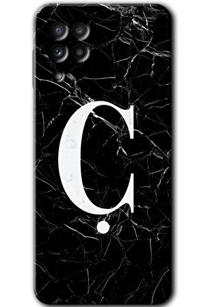 Galaxy M22 Kılıf HD Desen Baskılı Arka Kapak - Siyah Mermer Desenli Ç Harfi 
