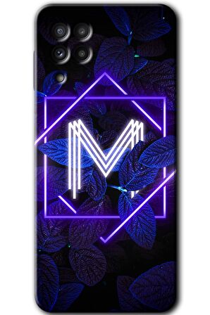 Galaxy M22 Kılıf HD Desen Baskılı Arka Kapak - Dark Neon Yaprak M Harfi 