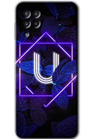 Galaxy M22 Kılıf HD Desen Baskılı Arka Kapak - Dark Neon Yaprak U Harfi 