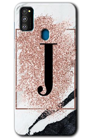 Galaxy M30s Kılıf HD Desen Baskılı Arka Kapak - Pembe Mermer Desenli J Harfi 