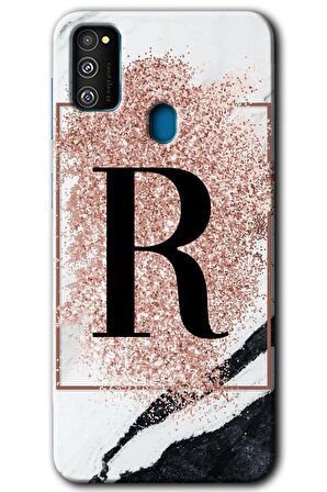 Galaxy M30s Kılıf HD Desen Baskılı Arka Kapak - Pembe Mermer Desenli R Harfi 