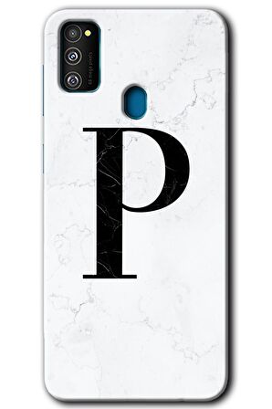Galaxy M30s Kılıf HD Desen Baskılı Arka Kapak - Beyaz Mermer Desenli P Harfi 