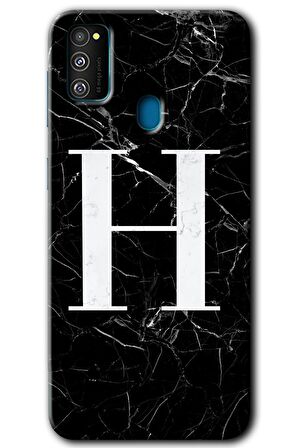 Galaxy M30s Kılıf HD Desen Baskılı Arka Kapak - Siyah Mermer Desenli H Harfi 