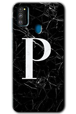 Galaxy M30s Kılıf HD Desen Baskılı Arka Kapak - Siyah Mermer Desenli P Harfi 