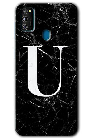 Galaxy M30s Kılıf HD Desen Baskılı Arka Kapak - Siyah Mermer Desenli U Harfi 